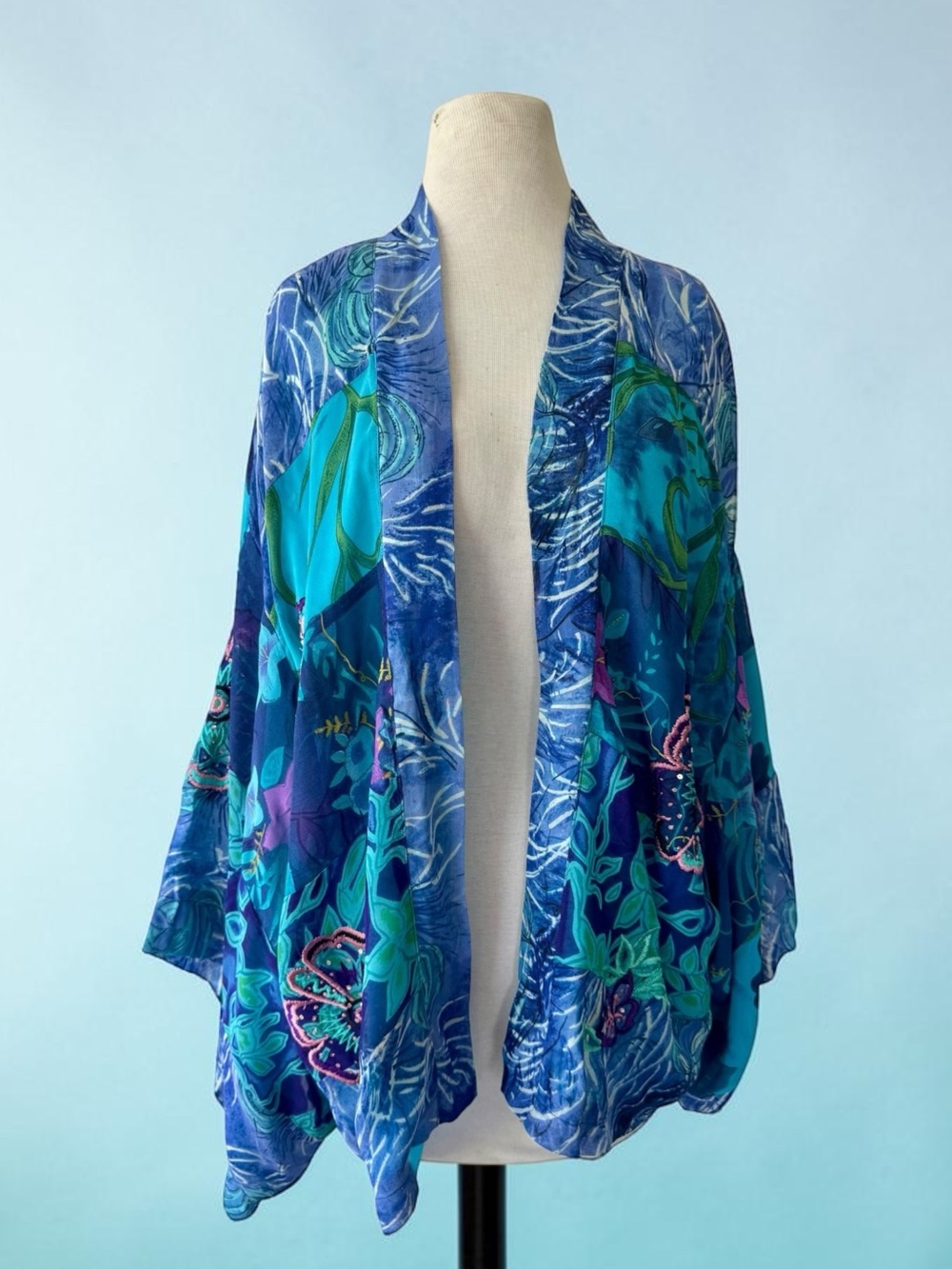 Mirasol Blue Patchwork Floral Embroidered Kimono Top XL Artsy Boho Open Duster